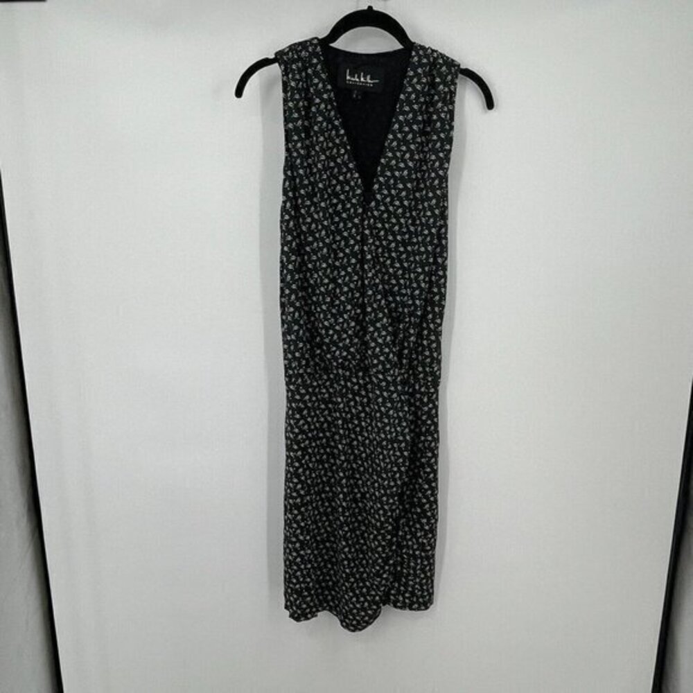 Nicole Miller Collection Dress Small Womens Green White Floral Sleeveless Ruched